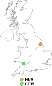 map showing distance between HU9 and CF35