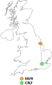 map showing distance between HU9 and CR7