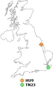 map showing distance between HU9 and TN23