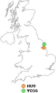 map showing distance between HU9 and YO16