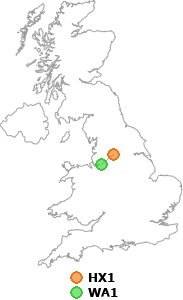 map showing distance between HX1 and WA1