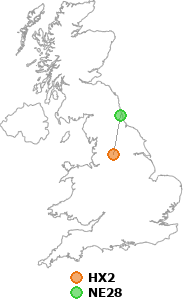 map showing distance between HX2 and NE28