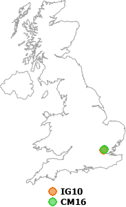 map showing distance between IG10 and CM16