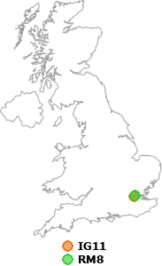 map showing distance between IG11 and RM8