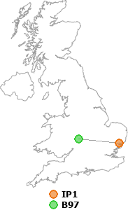 map showing distance between IP1 and B97