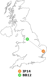 map showing distance between IP14 and BB12