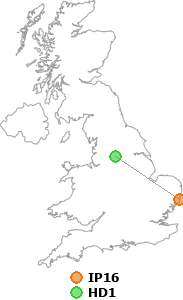 map showing distance between IP16 and HD1
