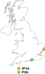 map showing distance between IP16 and PO6