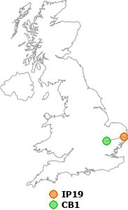 map showing distance between IP19 and CB1