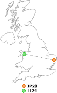 map showing distance between IP20 and LL24