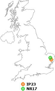 map showing distance between IP23 and NR17