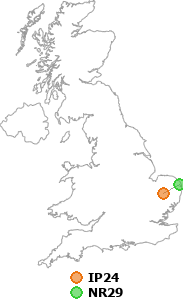 map showing distance between IP24 and NR29