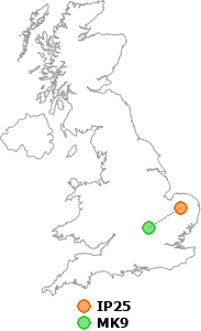 map showing distance between IP25 and MK9
