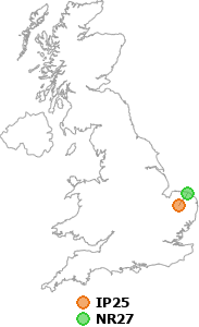 map showing distance between IP25 and NR27