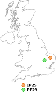 map showing distance between IP25 and PE29