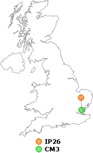 map showing distance between IP26 and CM3