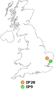 map showing distance between IP28 and IP9