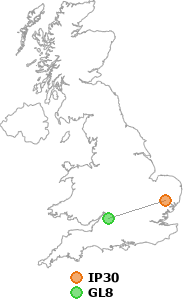 map showing distance between IP30 and GL8