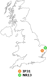 map showing distance between IP31 and NR13