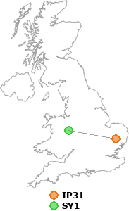 map showing distance between IP31 and SY1