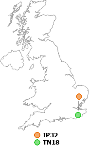 map showing distance between IP32 and TN18