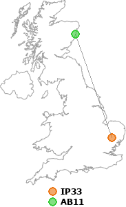 map showing distance between IP33 and AB11