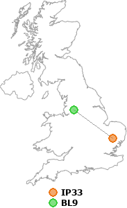 map showing distance between IP33 and BL9