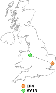 map showing distance between IP4 and SY13