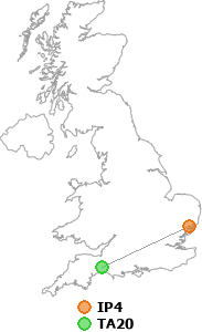 map showing distance between IP4 and TA20