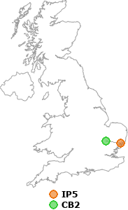 map showing distance between IP5 and CB2