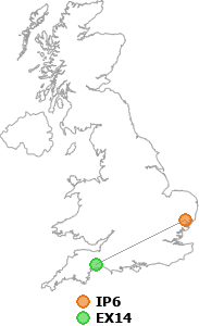 map showing distance between IP6 and EX14