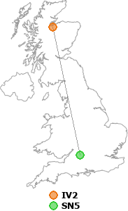 map showing distance between IV2 and SN5