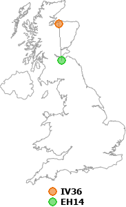 map showing distance between IV36 and EH14