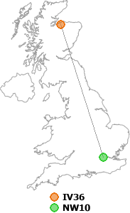 map showing distance between IV36 and NW10