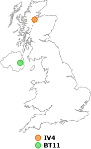 map showing distance between IV4 and BT11