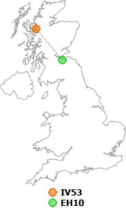 map showing distance between IV53 and EH10