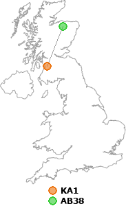 map showing distance between KA1 and AB38