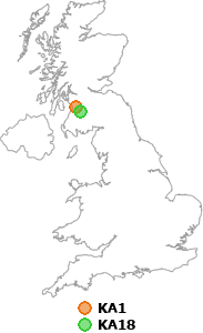 map showing distance between KA1 and KA18
