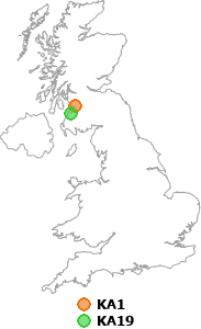 map showing distance between KA1 and KA19