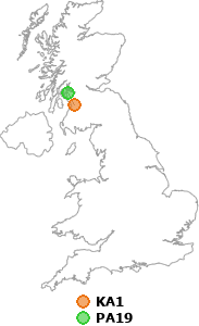 map showing distance between KA1 and PA19