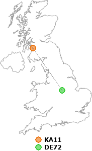 map showing distance between KA11 and DE72