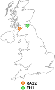 map showing distance between KA12 and EH1