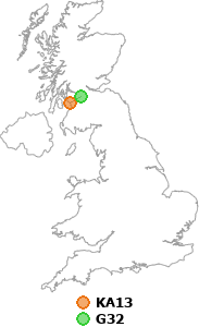 map showing distance between KA13 and G32
