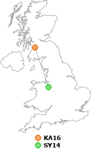 map showing distance between KA16 and SY14