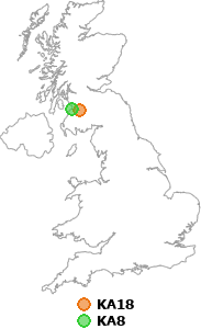 map showing distance between KA18 and KA8