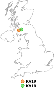 map showing distance between KA19 and KA18