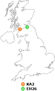 map showing distance between KA2 and EH26