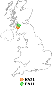 map showing distance between KA21 and PA11