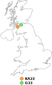 map showing distance between KA22 and G33
