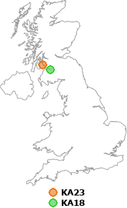 map showing distance between KA23 and KA18